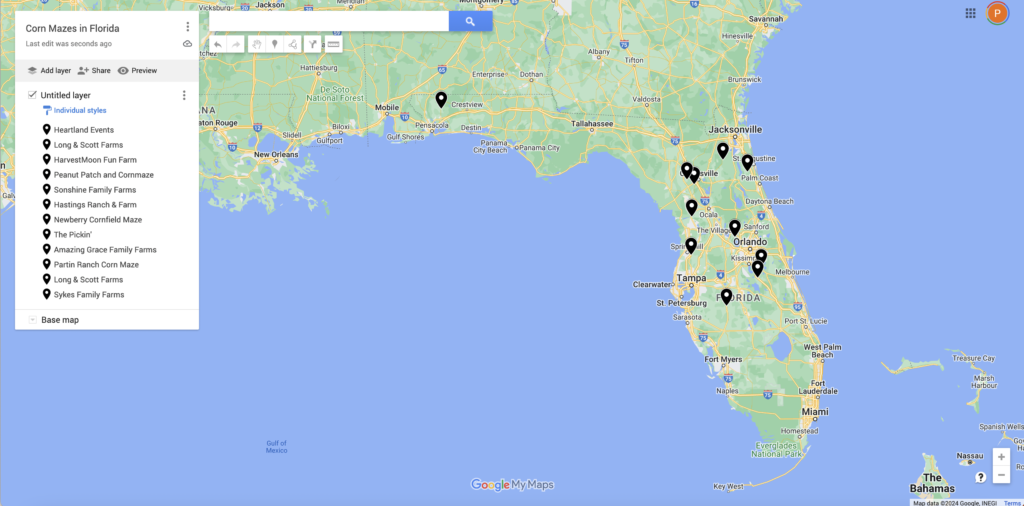 Map of the best corn mazes in florida