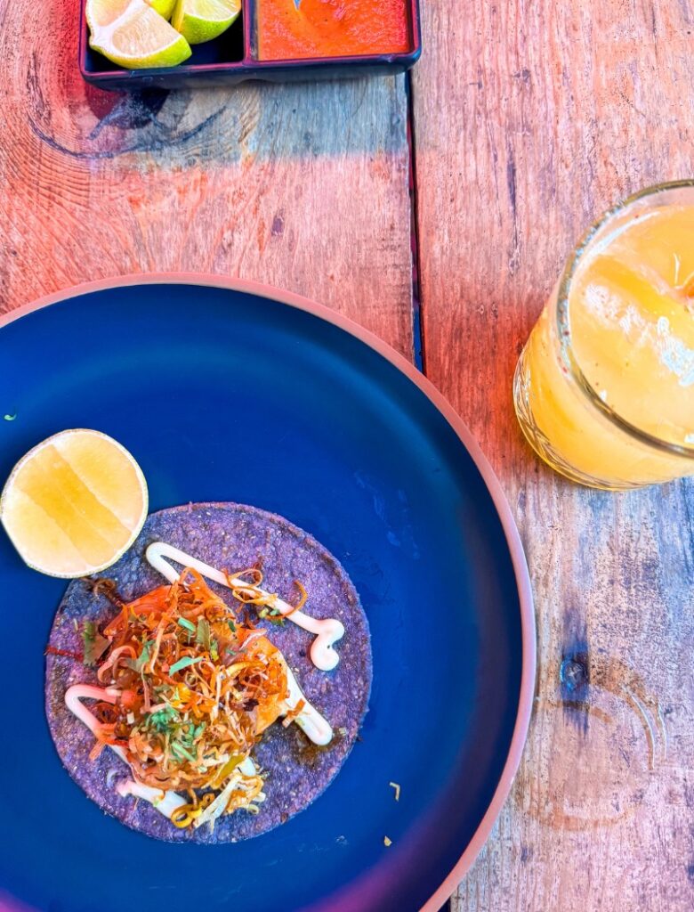 prawn taco and mezcalita in holbox