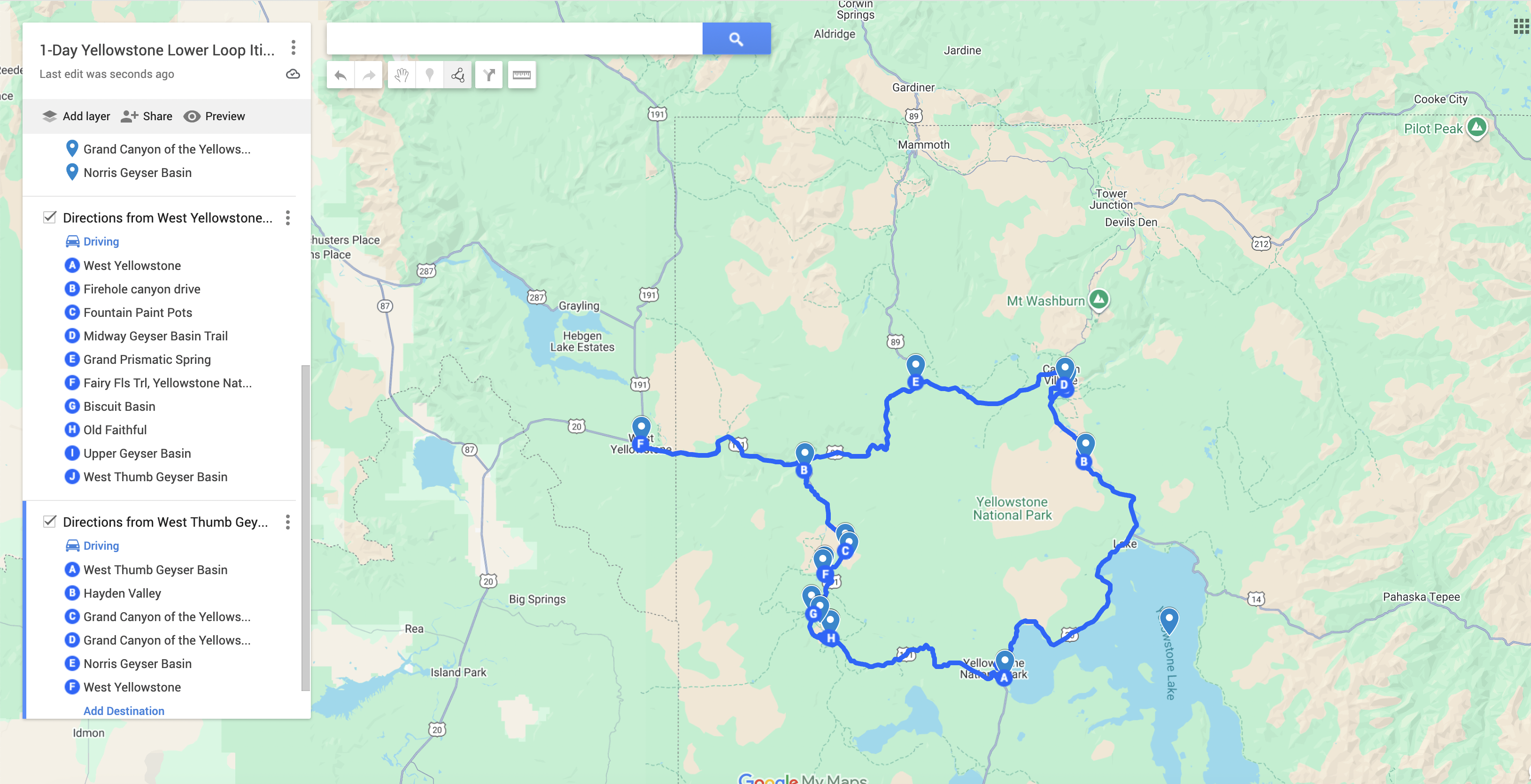 lower loop Yellowstone itinerary