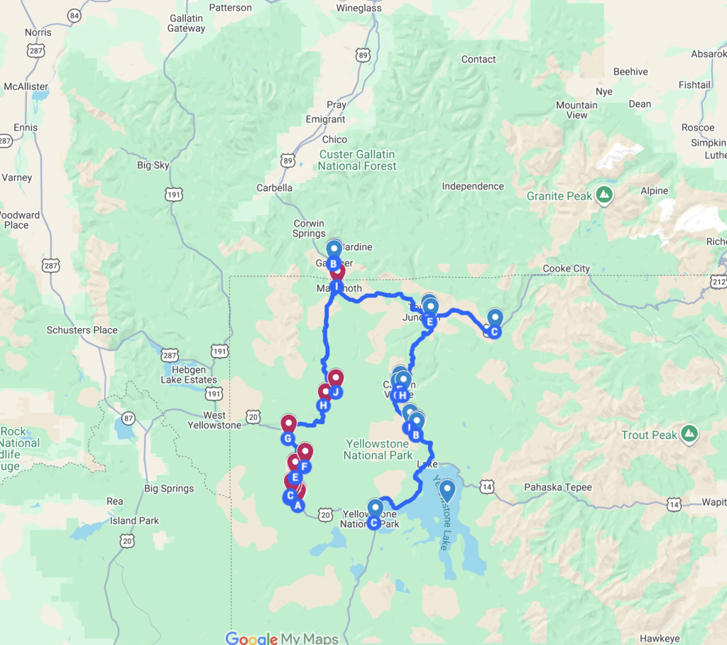 Yellowstone 2-Day itinerary map