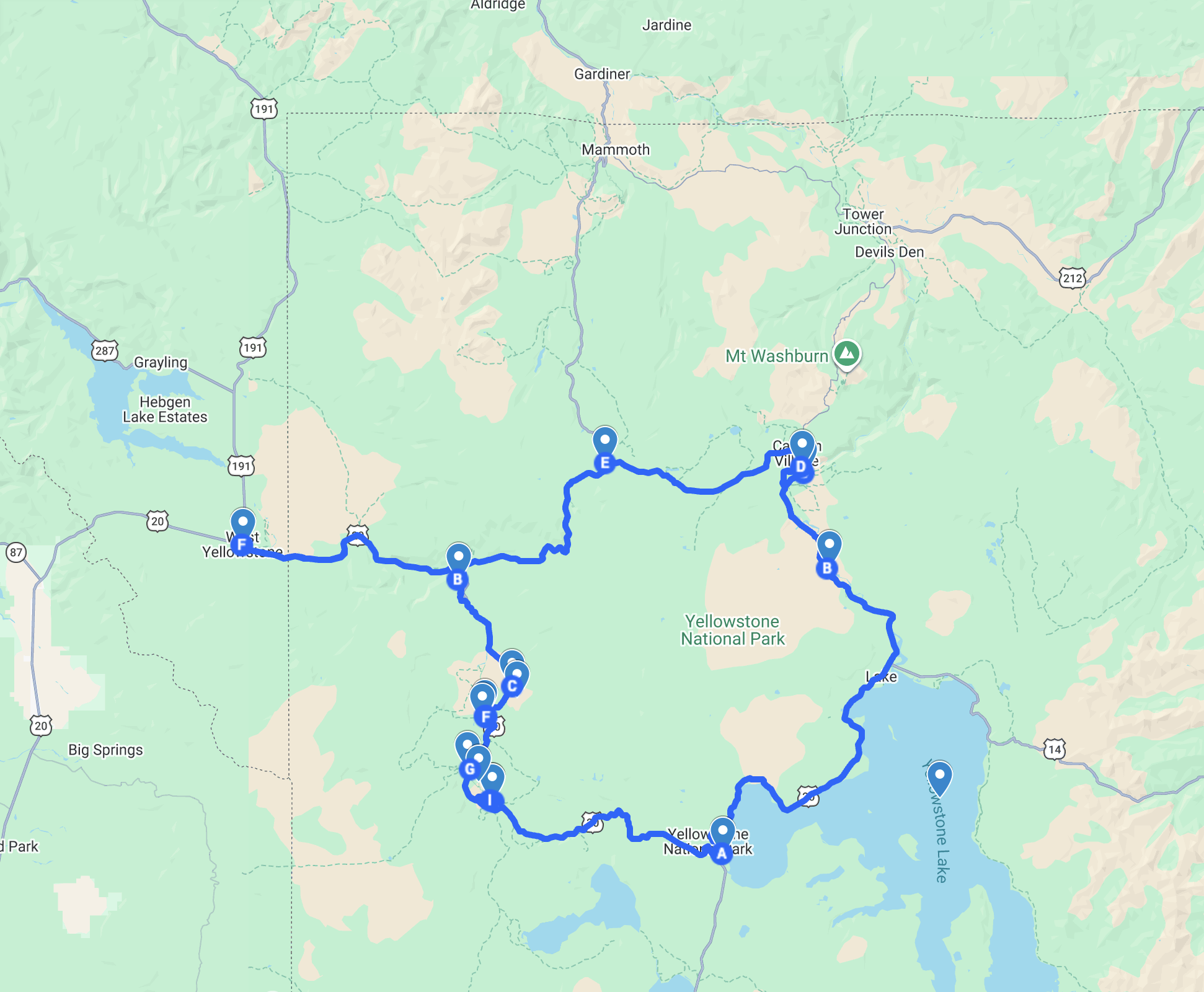 Yellowstone 1-day itinerary lower loop map