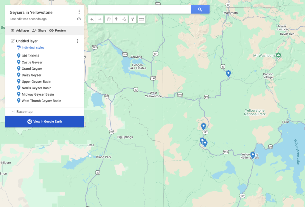geysers in yellowstone map