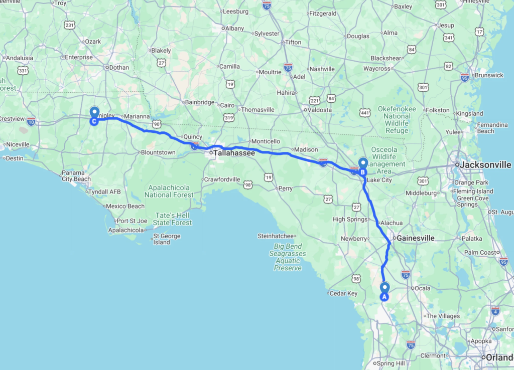 Florida waterfalls road trip map