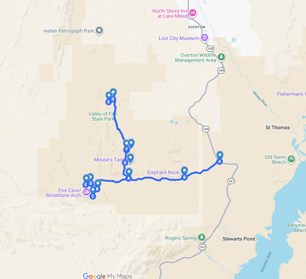 Valley of fire half day itinerary map
