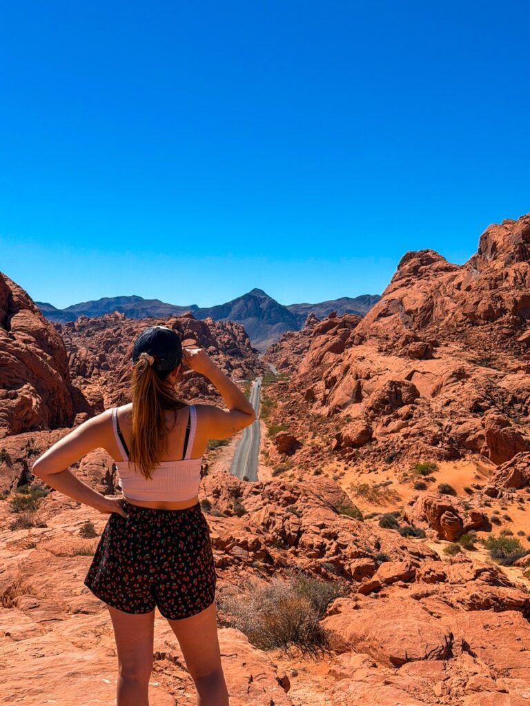 Standing on the rocks above Mouse's Tank Road in the Valley of Fire State Park