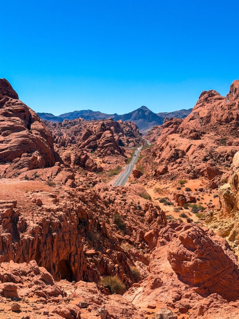 Looking down over the road from the Rainbow Vista car park in the Valley of Fire