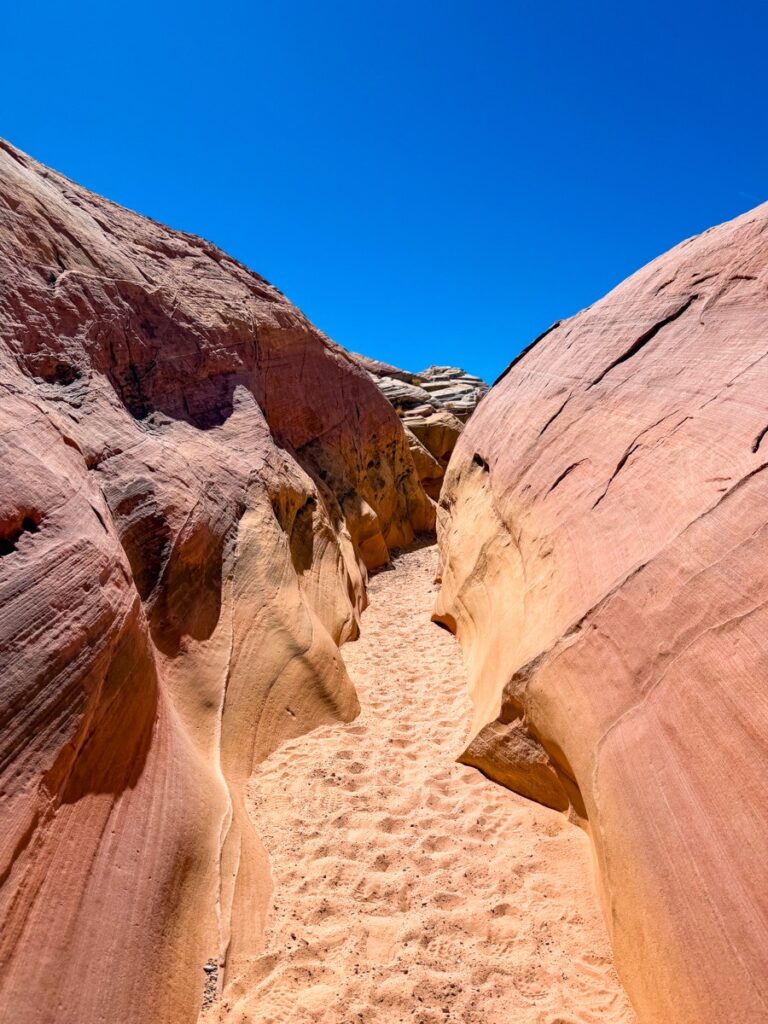 A sandy slot canyon on the Seven Wonders Loop in the Valley of Fire State Park