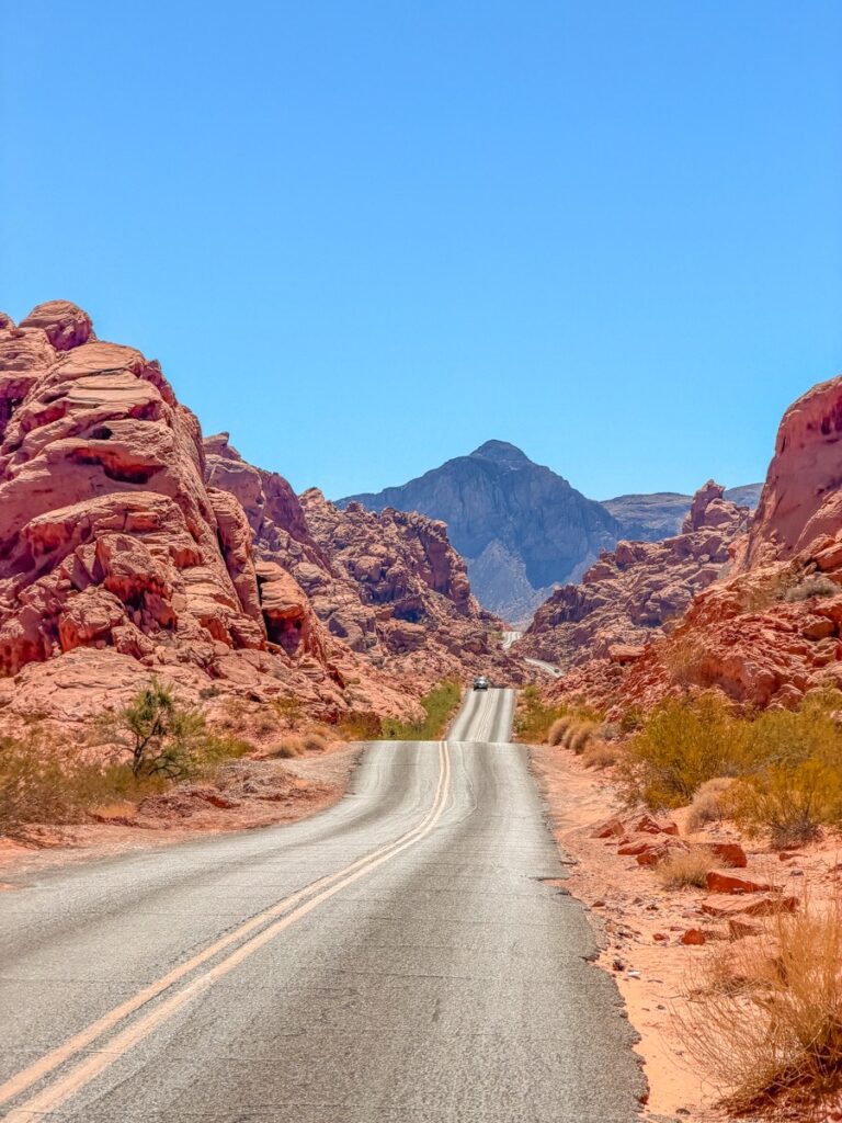The scenic road through the Valley of Fire State Park with mountains in the distance
