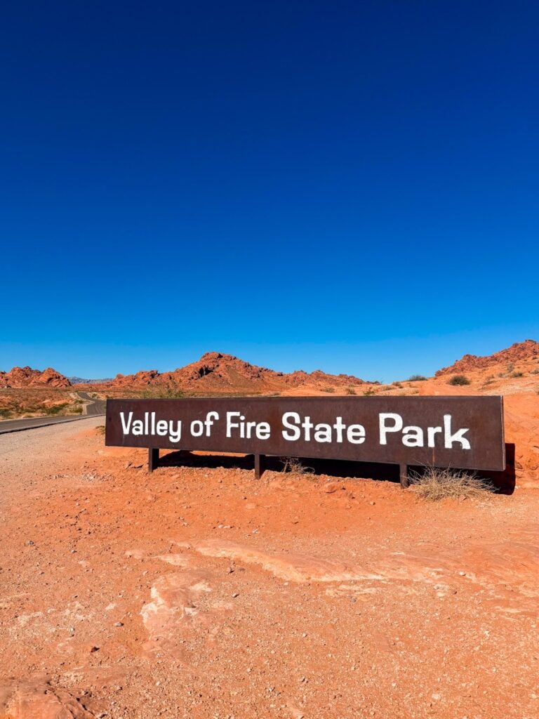 The Valley of Fire State Park sign at the East Entrance in Nevada